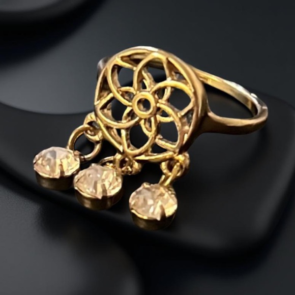 Whimsical Gold Plated Dream Catcher Medallion Crystal Rhinestone Dangle Ring - Picture 4 of 11